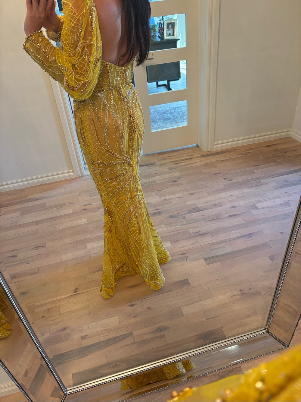 Beaded Mustard Yellow Maxi Evening Dress - Women Dresses - Picture 10 of 11